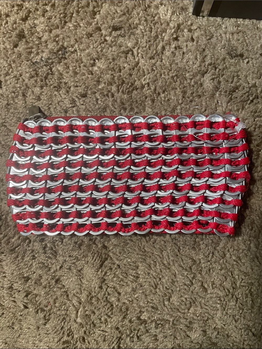 Escada Red and Silver Woven Zip Cosmetic Pouch